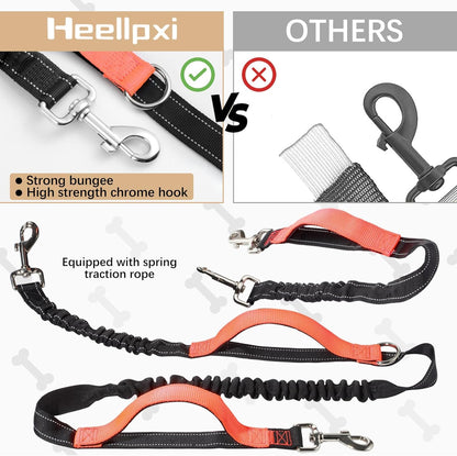 Hands-Free Waist Leash with Pouch for Two Dogs: Reflective Stitching, Dual Handle & Bungee
