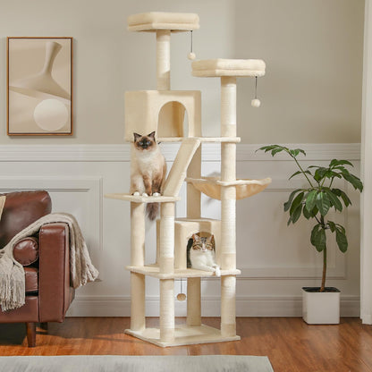 PAWZ Road 70 Inch Cat Tower, Tall Cat Tree with 2 Cozy Condos, 2 Plush Perch, Large Basket, 2