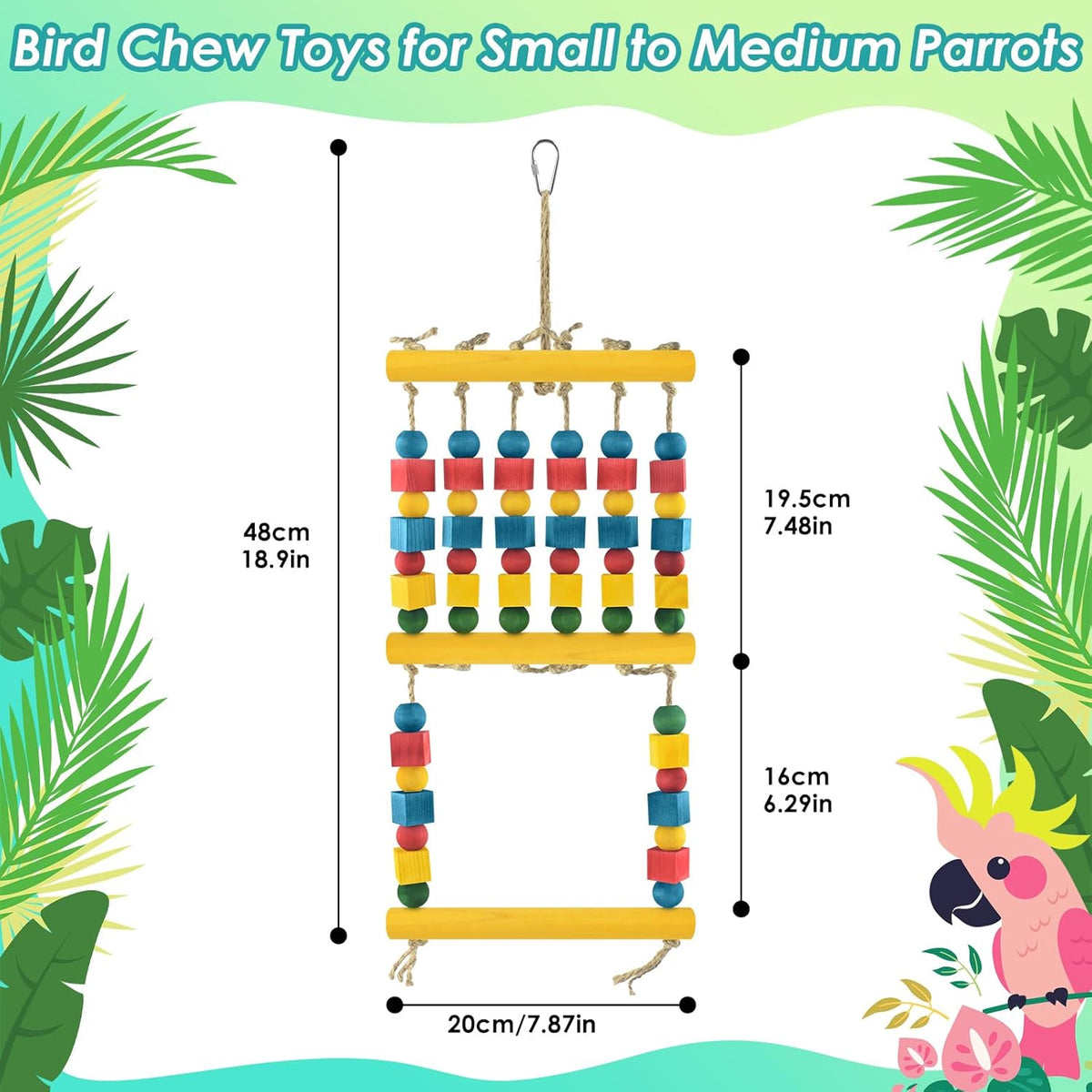 Bird Swing, Parrot Chew Toy with Wooden Perches Stand, Hanging Colorful Wood Block Bird Cage