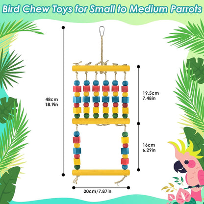 Bird Swing, Parrot Chew Toy with Wooden Perches Stand, Hanging Colorful Wood Block Bird Cage
