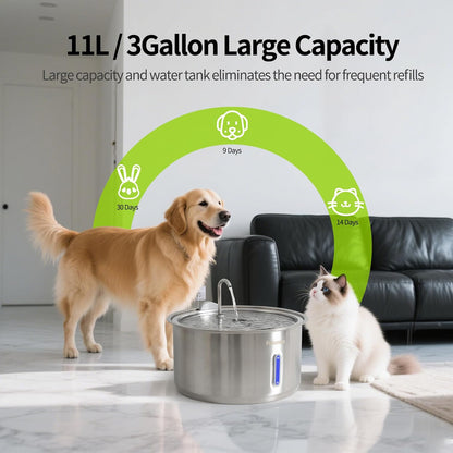 Large Dog Water Fountain, Petsamuse 11L/2.8Gal Automatic Circulating Stainless Steel Water Bowl