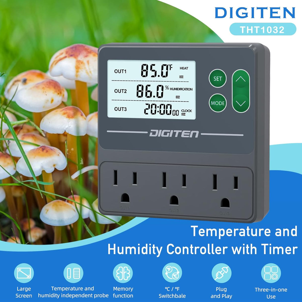 DIGITEN Temperature and Humidity Controller with Timer - 3 Outlet, 2 Separate Probes, Plug in