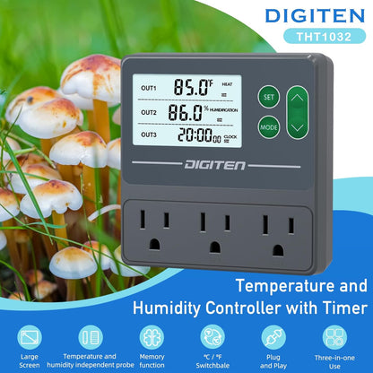 DIGITEN Temperature and Humidity Controller with Timer - 3 Outlet, 2 Separate Probes, Plug in
