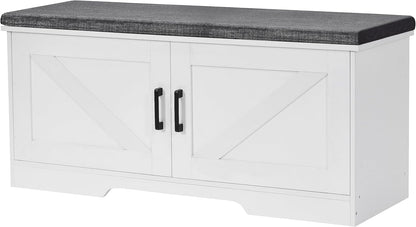 2-Tier Storage Bench, Shoe Bench with Padded Seat Cushion, Entryway Bench with 2 Barn Doors