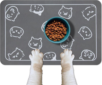 YCT Cat Food and Water Mat for Pets - Non-Slip Super Absorbent Dog Bowl Mat With Multiple Cat Heads