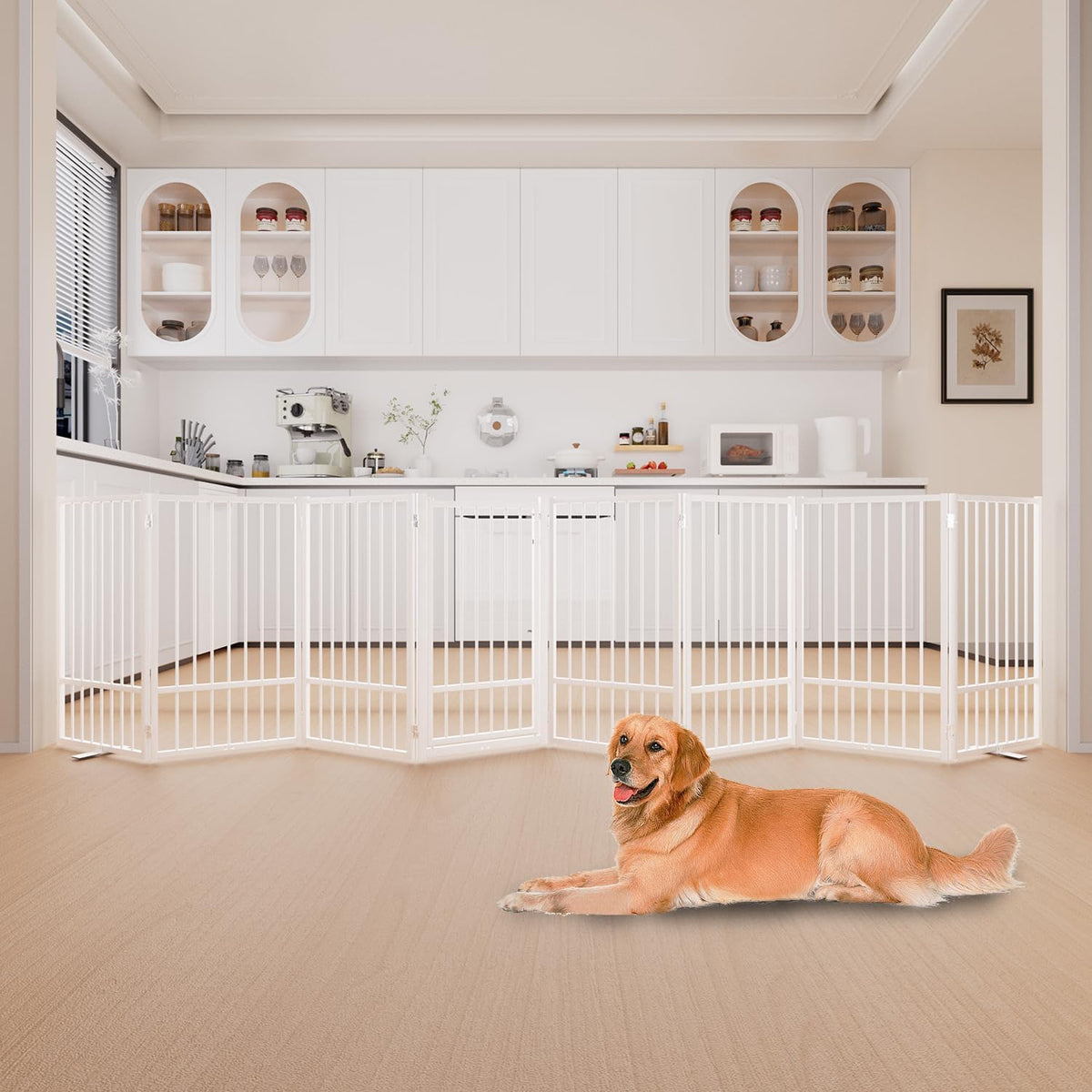 Full Metal Freestanding Dog Gate with Door, 36''Height Foldable Pet Dog Fence for Indoor & Outdoor