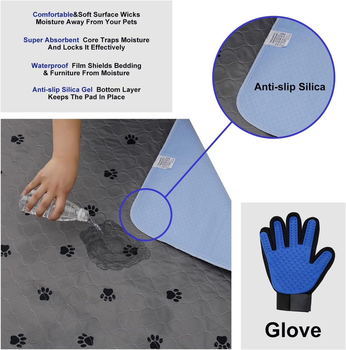 Washable Pee Pads for Dogs + Free Puppy Grooming Gloves/Quilted, Fast Absorbing Machine Washable
