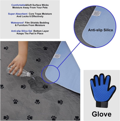 Washable Pee Pads for Dogs + Free Puppy Grooming Gloves/Quilted, Fast Absorbing Machine Washable