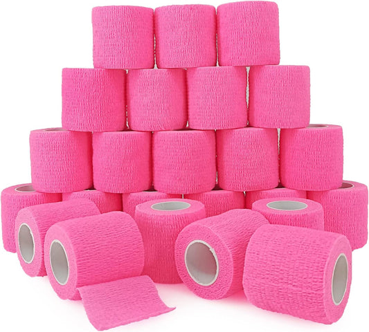 24 Rolls Pink Elastic Self Adhesive Bandage Wrap, Breathable Flexible Fabric Non Woven Cohesive