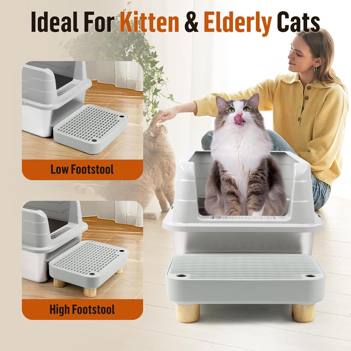 Cat Litter Box Step Ramp, Cat Litter Catcher Mat with Wooden Feet, Filter Function, Cat Pedal Stool