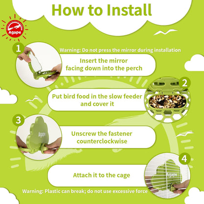 Agape Bird Mirror with Perch&Slow Feeder, Birds Toys for Boredom&Anxiety, Bird Cage Accessories for