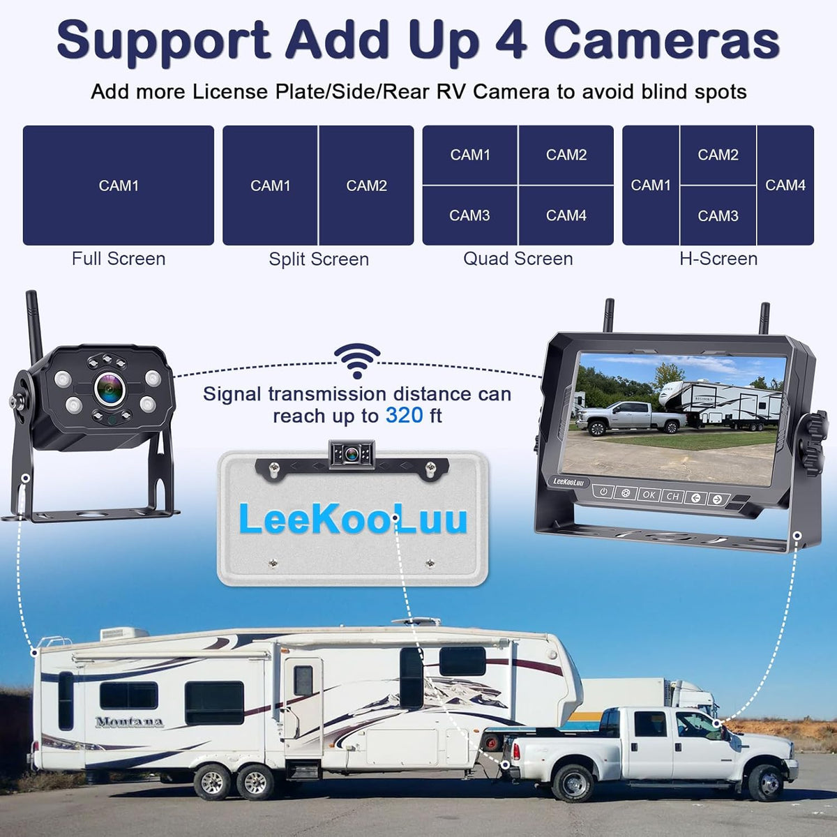 Dual RV Backup Cameras Wireless - Ease Install Plug-Play Recording HD 1080P 7'' Touch Key Monitor