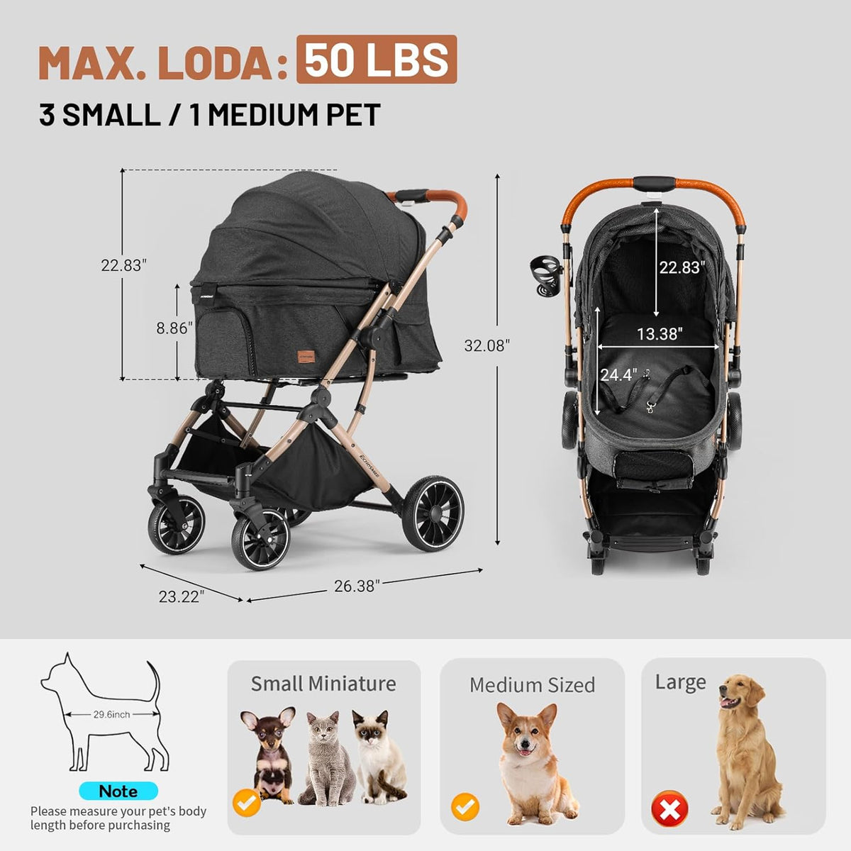 EchoSmile Small Medium Dogs Stroller 4-Wheel Pet Strollers for Medium Dogs Up to 50lbs, One Click