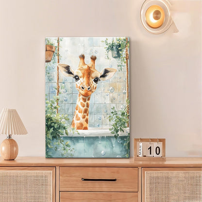 Bathroom Funny Giraffe Pictures Wall Art, Watercolor Giraffe Bathroom Wall Decor, Animal Framed