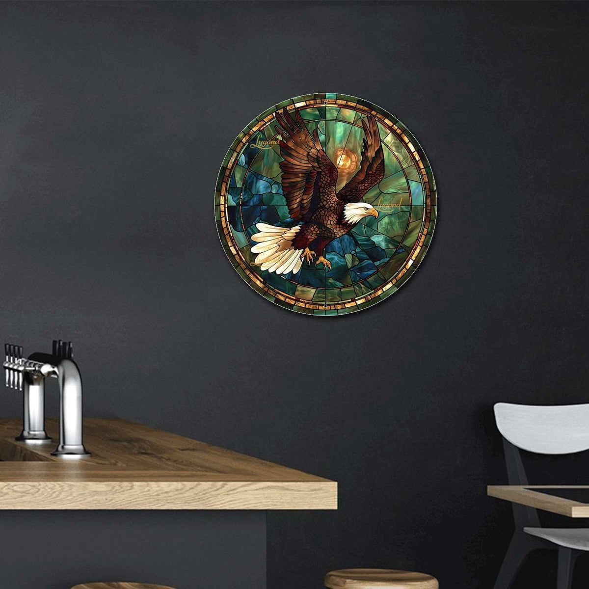 Lygond Metal Sign Tin Sign Circular Stained Glass American Bald Eagle Garden Sign for Restaurant