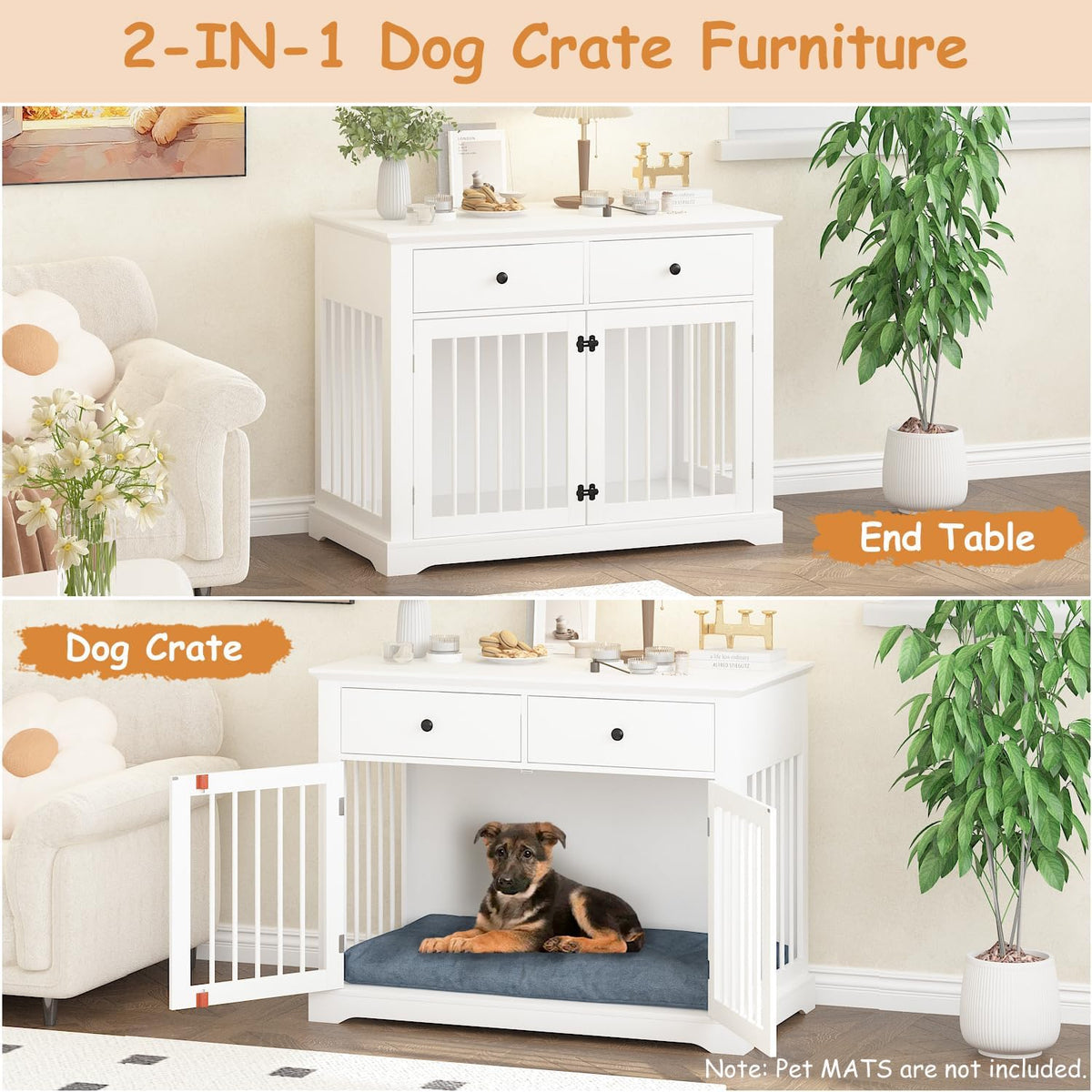 Dog Crate Furniture, 44 Inch Wooden Dog Kennel Indoor with 2 Storage Drawers, Heavy Duty Large