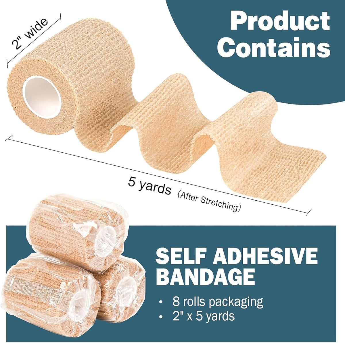 AZEN 8 Pack Self Adhesive Bandage Wrap, 2" X 5 Yards Elastic Cohesive Bandage Wrap, Skin Color