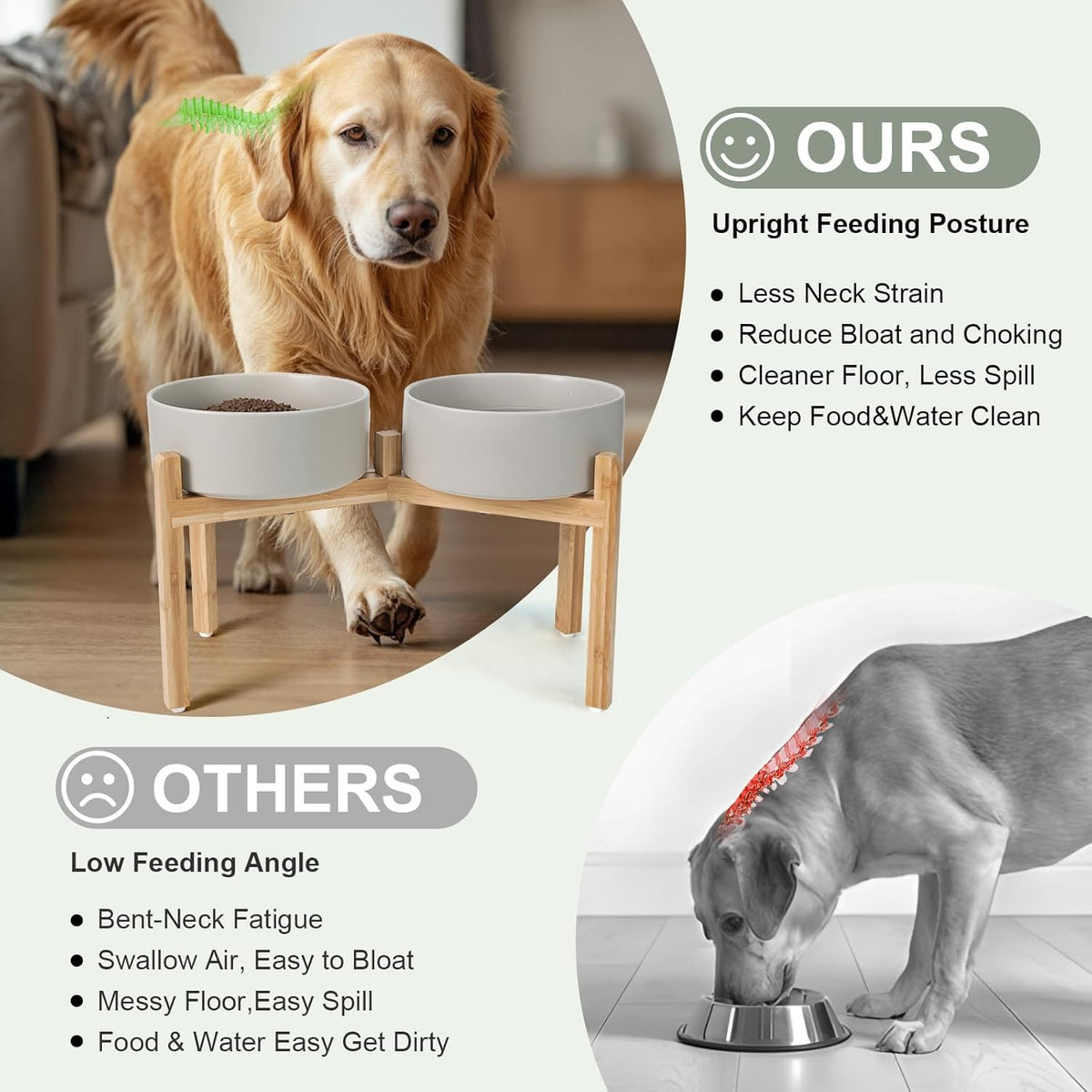 SPUNKYJUNKY Elevated Dog Bowls Ceramic, 8.3'' Dogs Food Water Bowls Raised with Non-Slip Bamboo