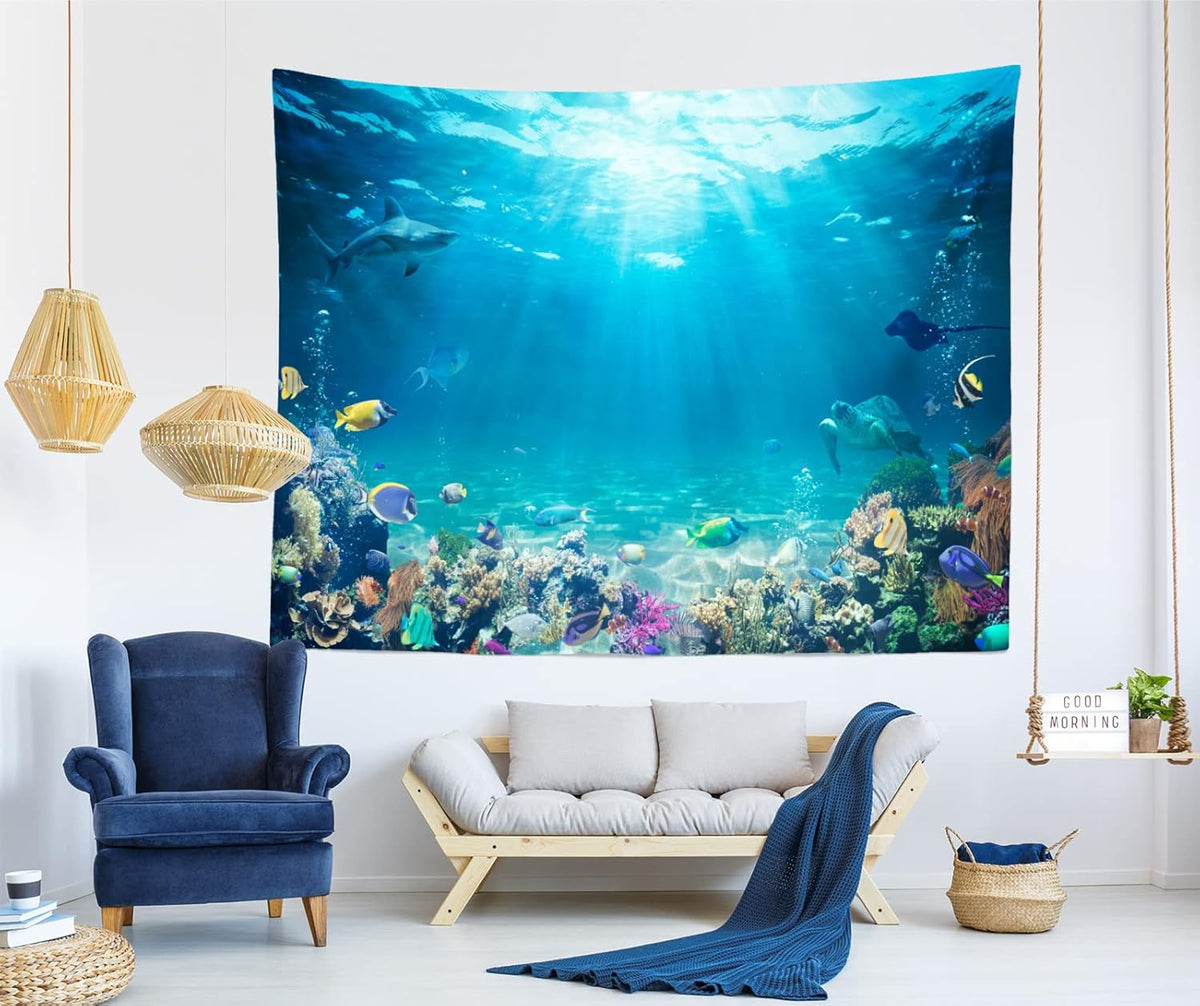 Loccor Underwater World Tapestry Blue Ocean Wall Hanging Under the Sea Coral Reef Wall Tapestry