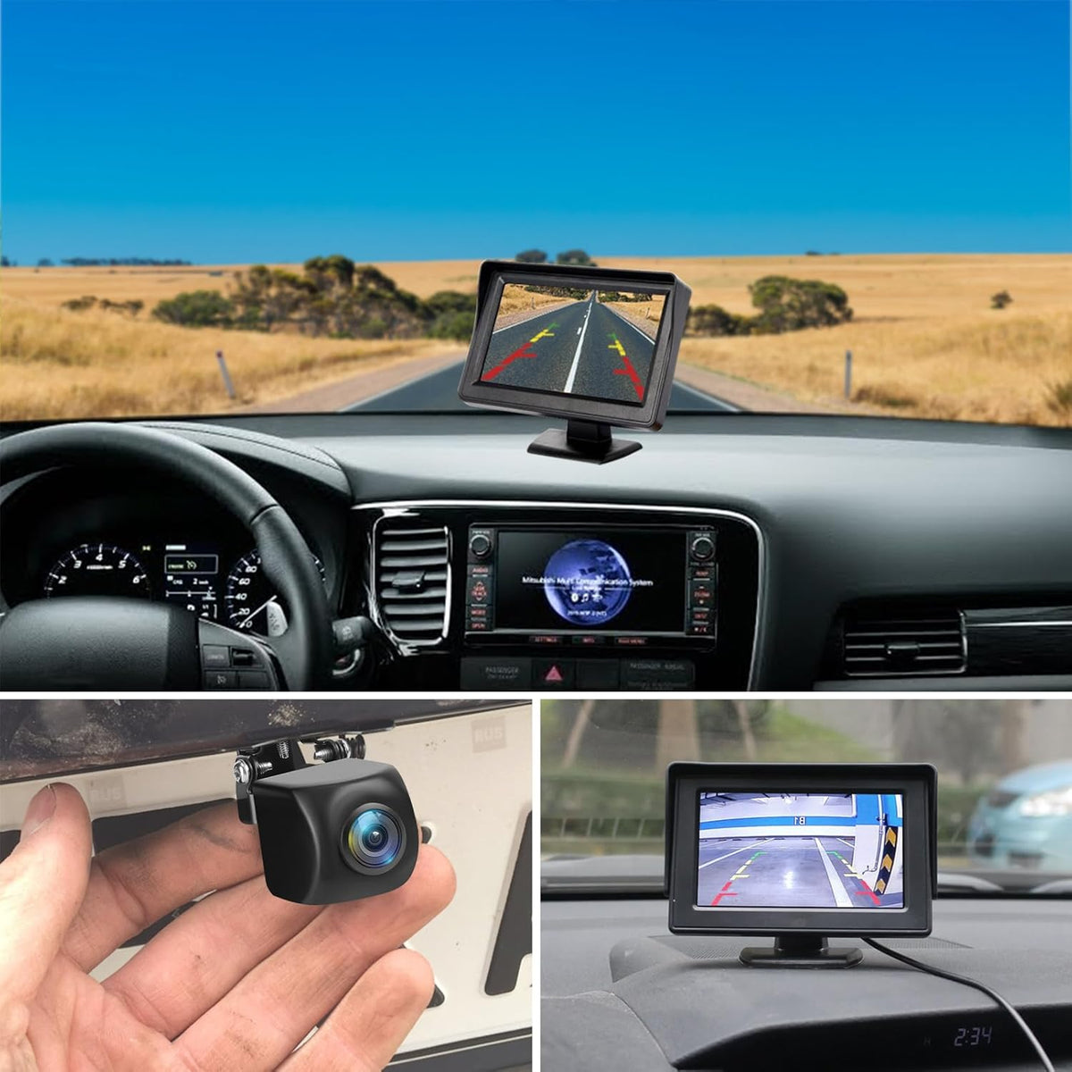 Kairiyard License Plate Backup Camera with 5in Monitor, 170 Degree Wide Angle DIY Grid Lines