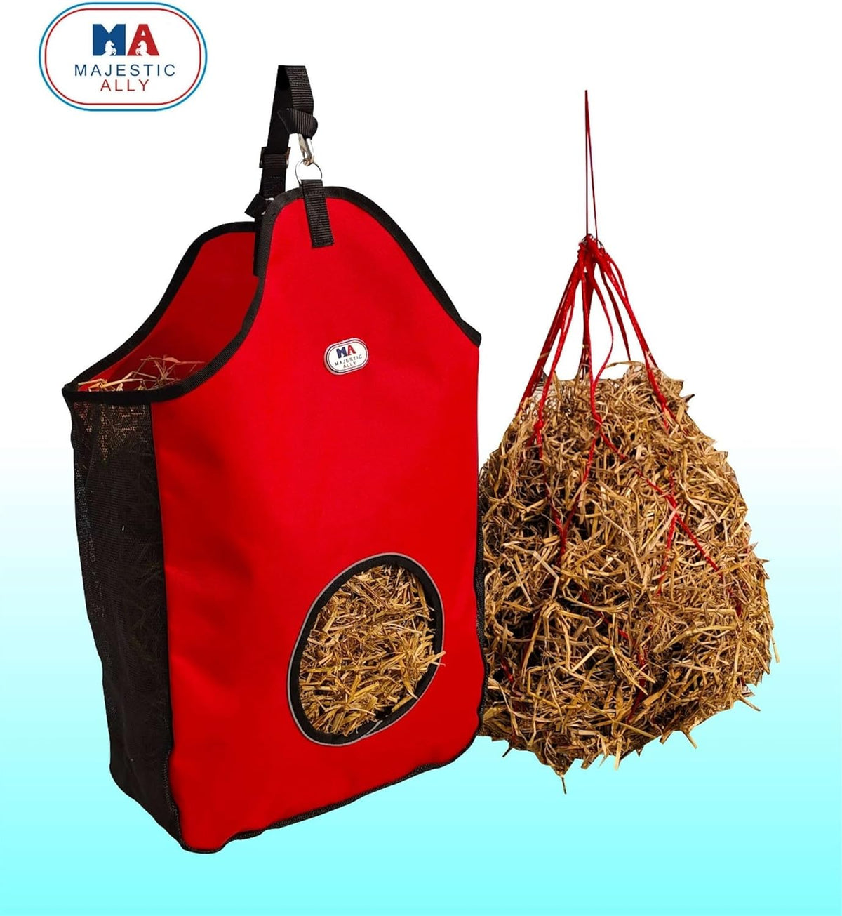 Majestic Ally 1200 D Hay Feeder Tote Bag for Horses, Sheep with Reflective Trim- Reduces Waste