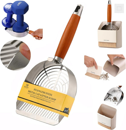 Extra-Thick Stainless Steel Cat Litter Scoop Heavy Duty Metal Litter Scooper with Holder Easy