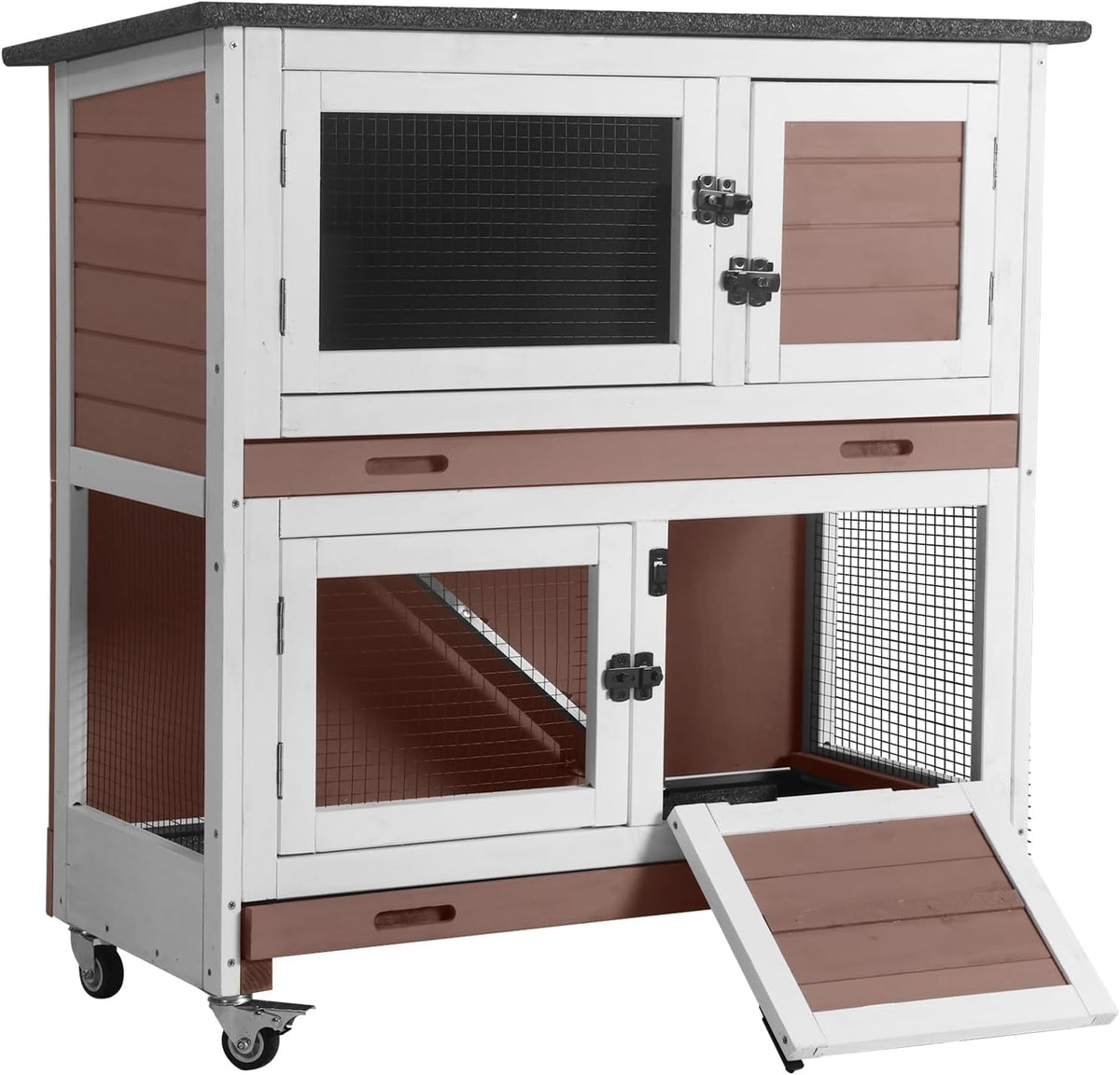 Aivituvin 2-Tier Rabbit Hutch with Tarp Door and Wheels Bunny Cage Indoor Outdoor Guinea Pig Cage