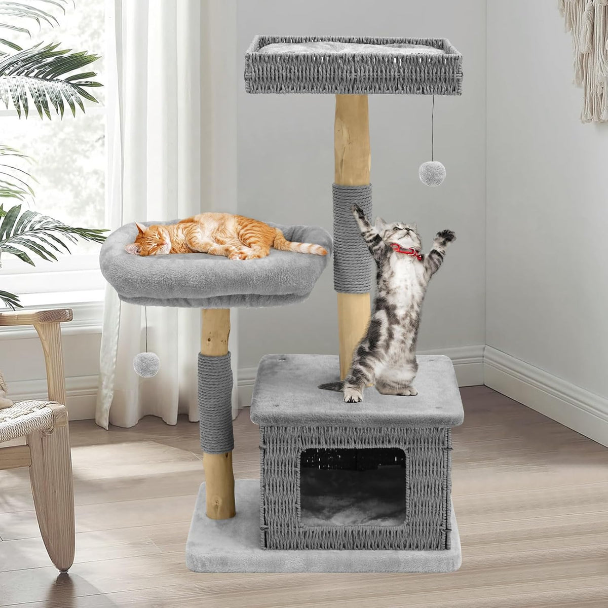 Modern Cat Tree for Large Cats - Multi-Level Wooden Tower with Scratching Posts, Large Jumping