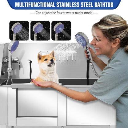 Professional Stainless Steel Dog Bathing Station, Dog Grooming Tub, with Stairs, Floor Grate &