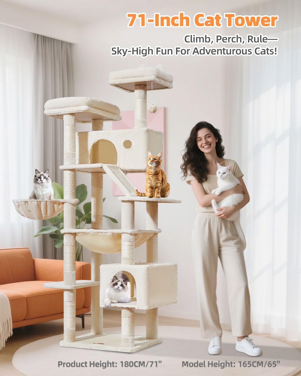 Taoqimiao Cat Tree 71-Inch, Cat Tower for Indoor Cats Large Adult, Multi-Level Large Cat Condo, 8