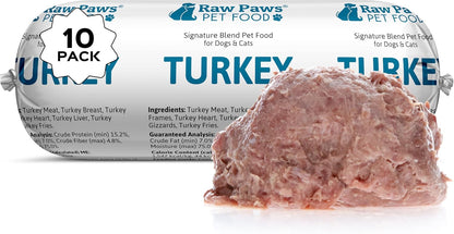 Raw Paws Signature Blend Pet Food for Dogs & Cats - Turkey Recipe, 1-lb Rolls (10 Pack) - Made in
