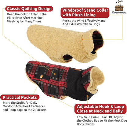 Queenmore Dog Winter Coat Warm Dog Jacket for Cold Weather, Quilting Puffer Plaid Coats for