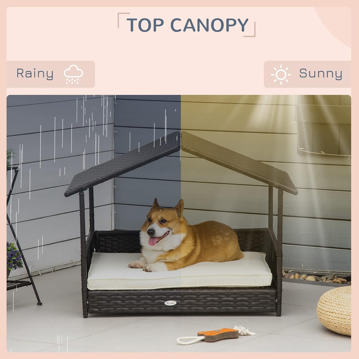 PawHut Wicker Dog House Outdoor with Canopy, Rattan Dog Bed with Water-Resistant Cushion, Raised