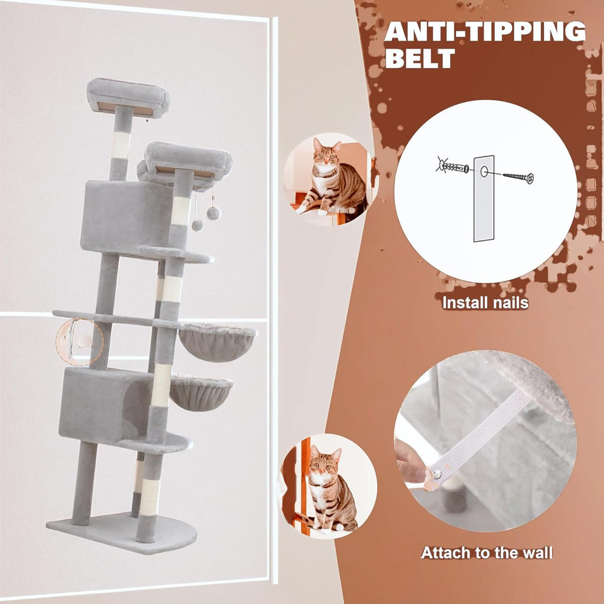 SHA CERLIN 73" Space-Saving Cat Tree/Multi-Level Tall Cat Tower with Perches/Scratching Posts/Condo