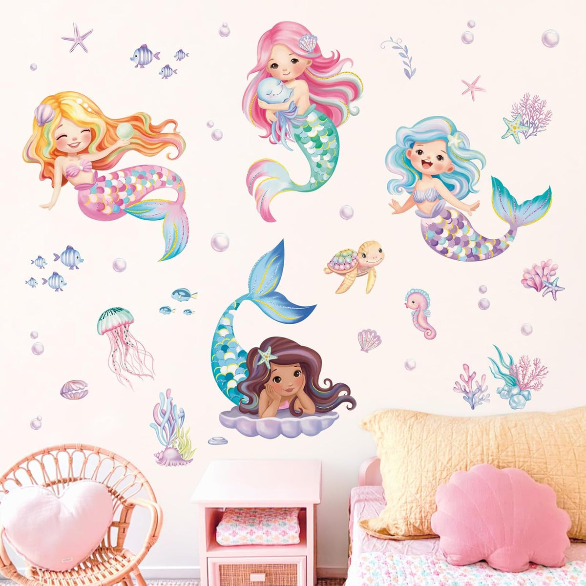 decalmile Under The Sea Mermaid Wall Decals Ocean Fish Starfish Turtle Wall Stickers Baby Nursery