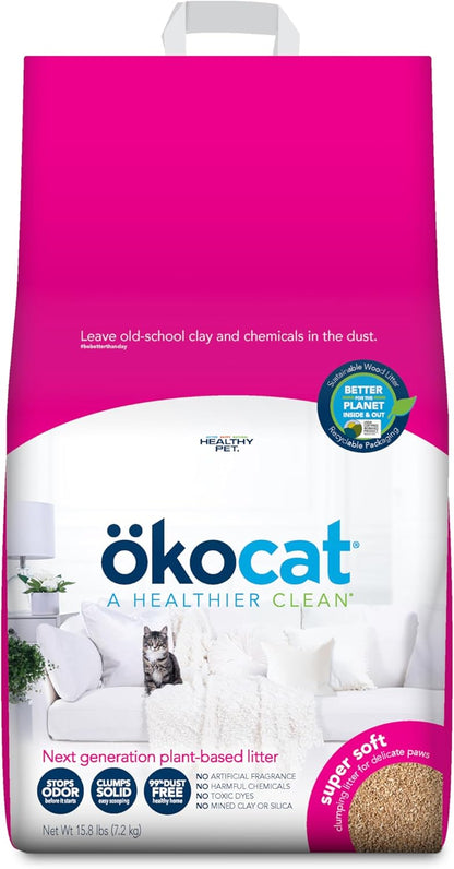 ökocat Super Soft Wood Clumping Cat Litter, Unscented, 15.8 pounds - Natural Ingredients, Stops