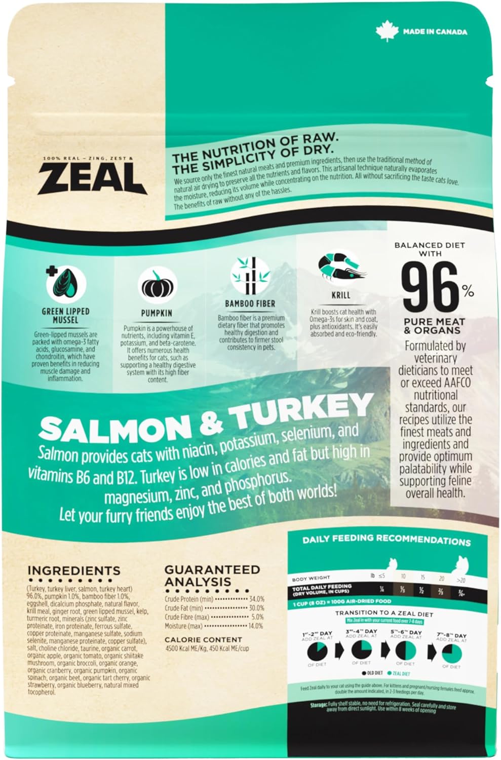 ZEAL Canada Air-Dried Salmon & Turkey Recipe for Cats - Superfood Omega-3 Rich, Dual-Protein, Grain