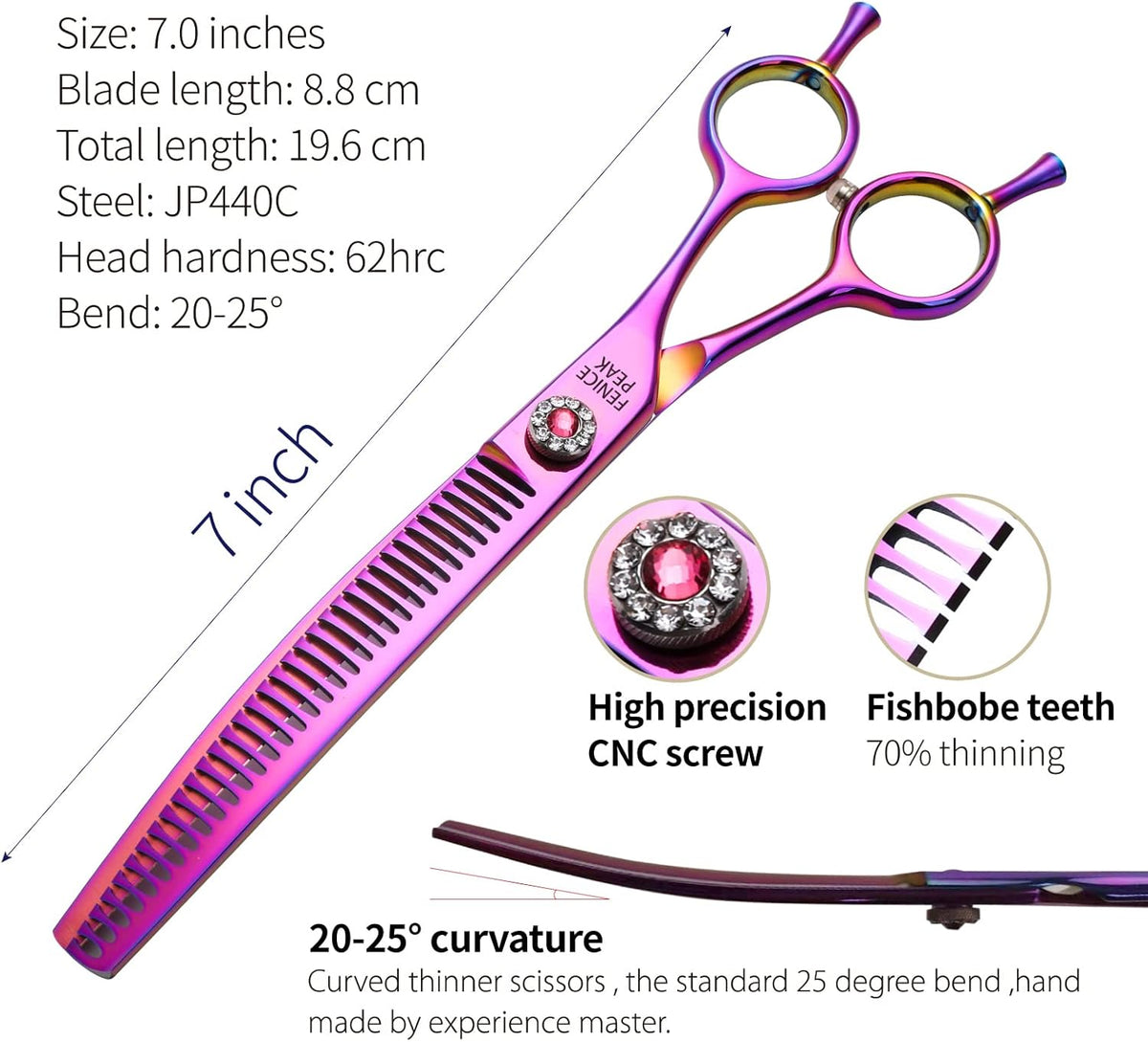 Fenice Peak Professional Dog Grooming Scissors Pet Curved Chunker Shears 7.0'' Extremely Sharp