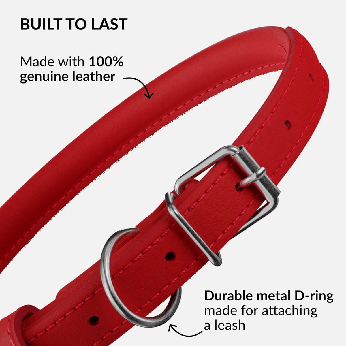 CollarDirect Rolled Leather Dog Collar, Soft Padded Round Puppy Collar, Handmade Genuine Leather