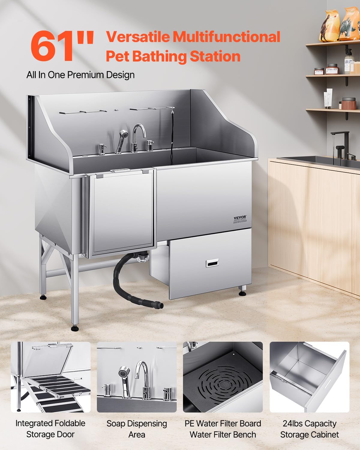 VEVOR Professional 304 Stainless Steel Dog Bathing Station, 61 inch Pet Grooming Tub w/Anti-Slip