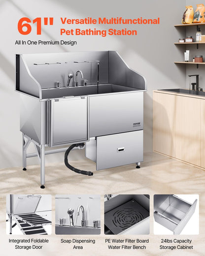 VEVOR Professional 304 Stainless Steel Dog Bathing Station, 61 inch Pet Grooming Tub w/Anti-Slip