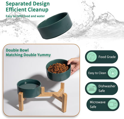 Elevated Ceramic Dog Bowl Set - Raised Dog Bowls with Non-Slip Bamboo Stand - Dog Food and Water