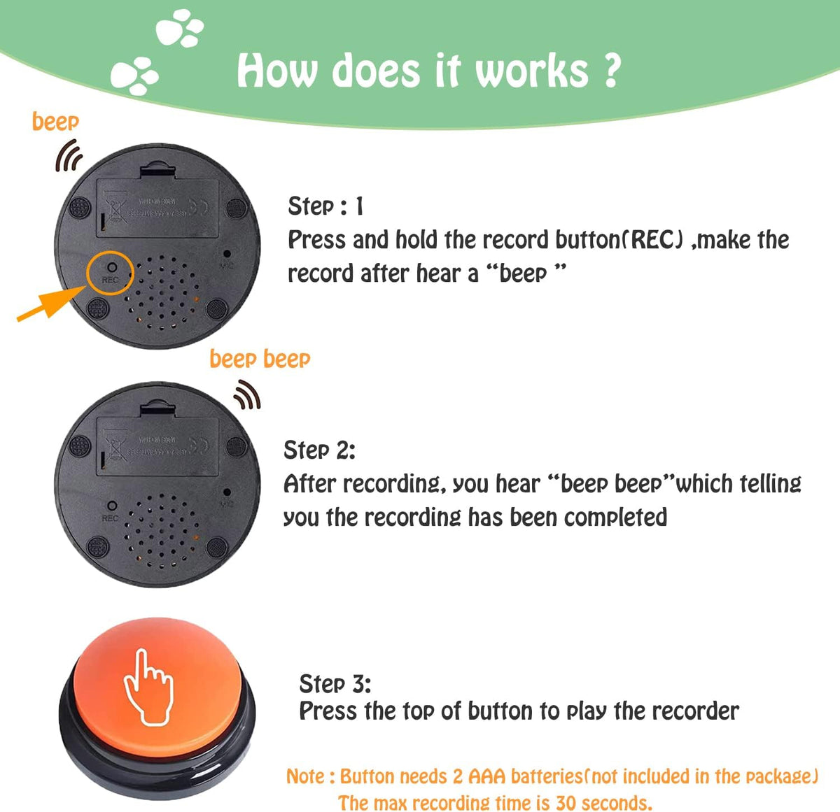 FINEST+ Voice Recording Button for Communication Pet Training Buzzer, 30 Second Record&Playback Dog