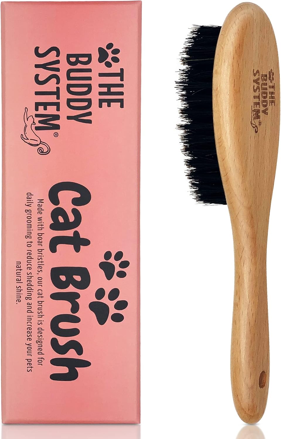 The Buddy System Cat Brush with Boar Bristle and Wooden Handle, Professional Grade Daily Grooming