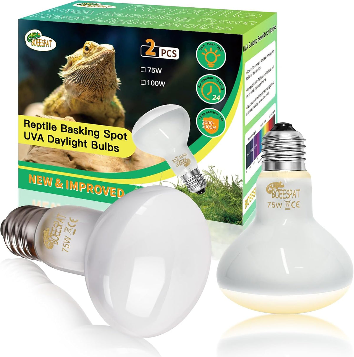 Pack of 2 Reptile Basking Light Bulbs - Incandescent 75W Simulated Sunlight UVA Heat Bulbs for