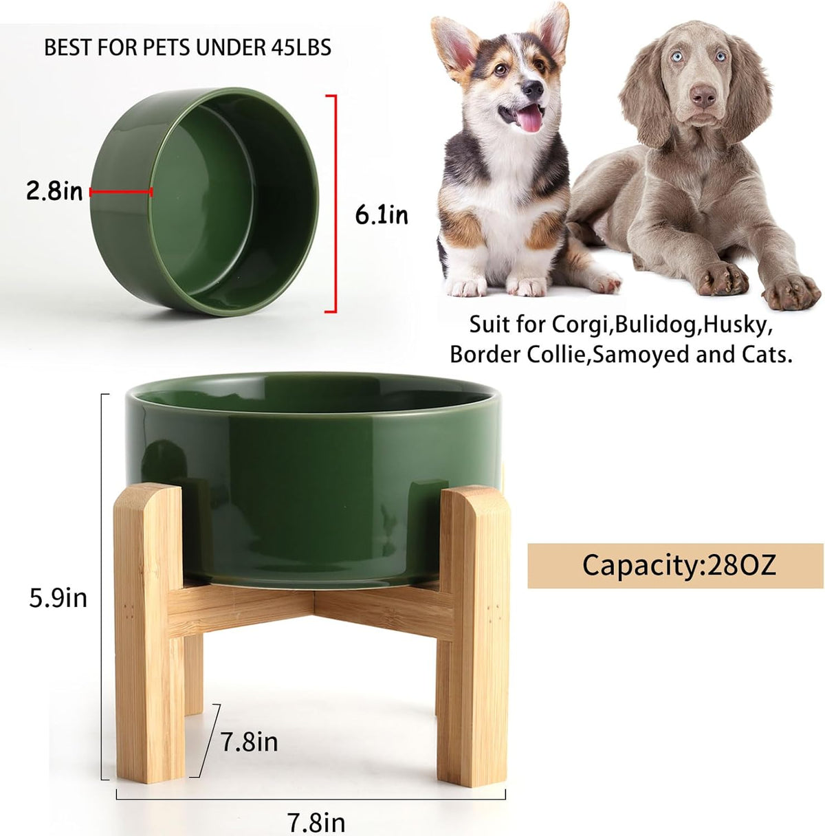 Petygooing 28 OZ Elevated/Raised Ceramic Dog Bowl for Small and Medium Breeds, Dog Food Water Dish