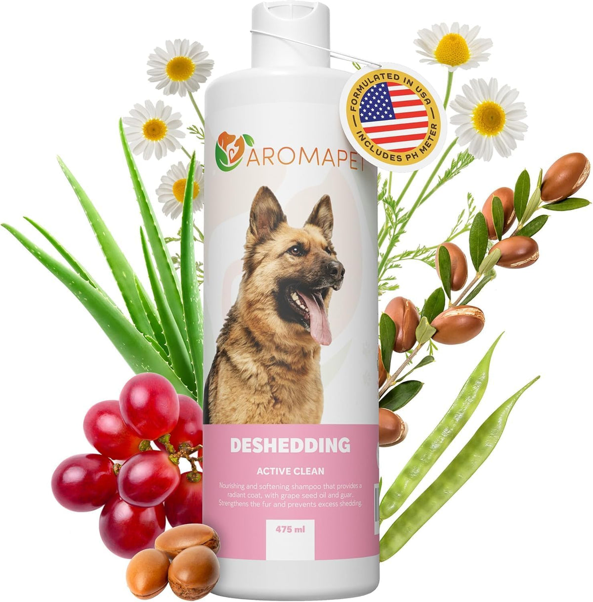 Deshedding Active Clean Dog Shampoo - Deodorizing Dogs Shampoo with Aloe, Argan Oil, Chamomile