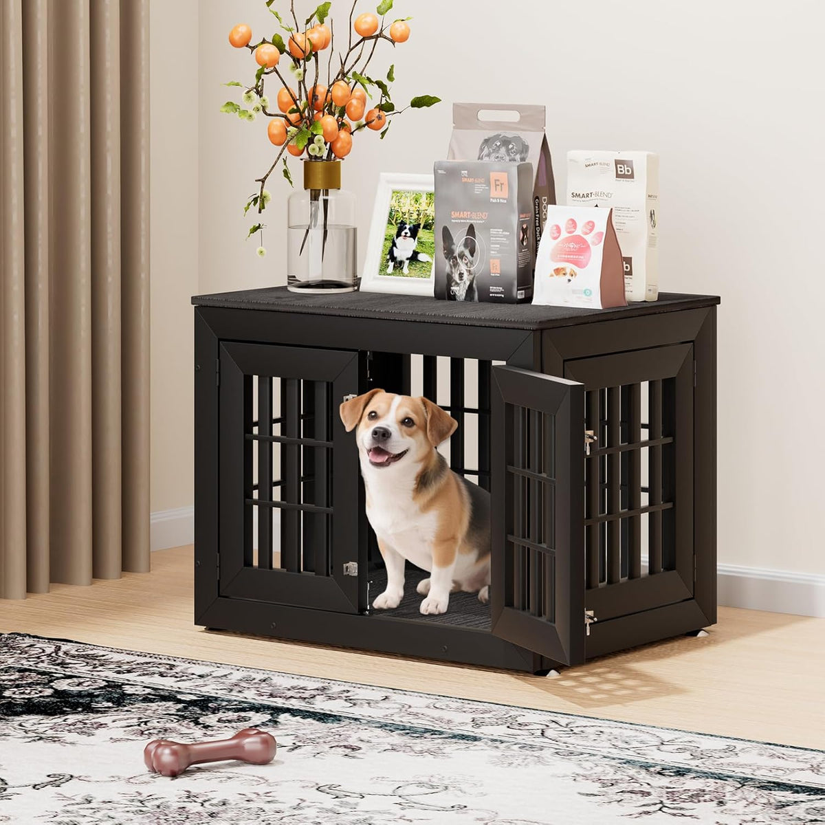 32" Heavy Duty Dog Crate Furniture for Small,Medium and Large Dogs,Rustic Wooden Dog Cage Kennel