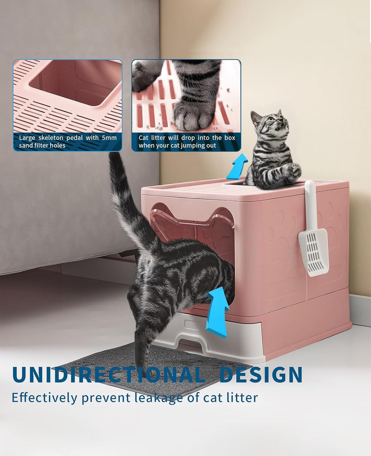 Cat Litter Box with Litter Mat and Scoop, Large Foldable Litter Box with Lid, Front Entry Top Exit