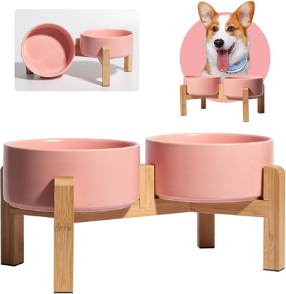 Elevated Ceramic Dog Bowl Set - Raised Dog Bowls with Non-Slip Bamboo Stand - Dog Food and Water